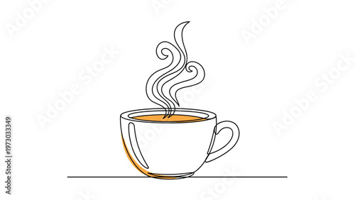 Continuous one-line drawing of a steaming cup of tea or coffee, symbolizing warmth, comfort, and a relaxing beverage break.