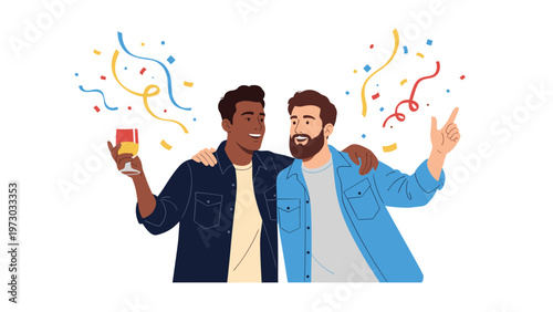 Two diverse men celebrating with confetti falling around them, holding drinks, representing joy, friendship, and a festive occasion.