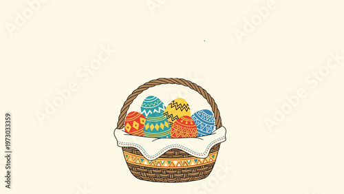 Woven basket filled with beautifully decorated Easter eggs, symbolizing spring, new life, and festive holiday traditions.