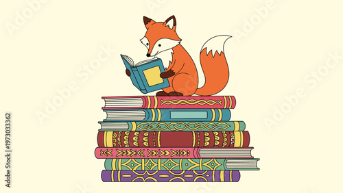 Adorable fox character diligently reading a book while perched on a tall stack of colorful books, symbolizing intelligence and literacy.