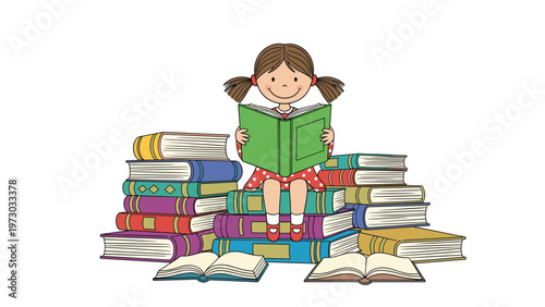 Joyful little girl happily reading a book, sitting on a large pile of colorful books, representing a love for reading and learning.