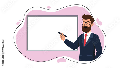 Confident bearded man, dressed in a suit and tie, points to an empty whiteboard, ready to present new ideas or teach a lesson.