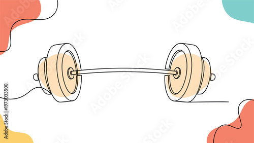 Artistic continuous one-line art drawing of a barbell with vibrant abstract color accents, symbolizing strength training and fitness.