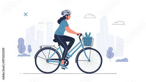 Woman wearing a helmet and activewear rides a bicycle with a basket through a city, promoting healthy commuting and urban mobility.