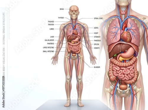 Human Body Anatomy Visualization Showing Internal Organs and Skeletal System Medical Illustration