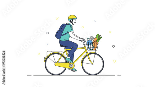 Man wearing a helmet and backpack rides a bright yellow bicycle with a basket full of groceries, promoting eco-friendly urban commuting.