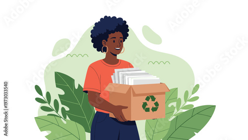 Young African American woman happily holds a cardboard box filled with paper for recycling, promoting environmental responsibility and sustainability.