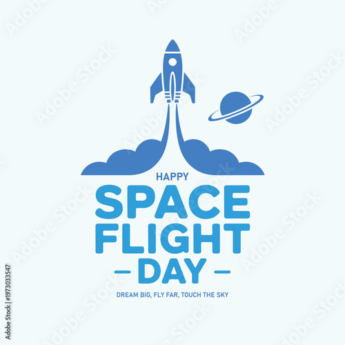 Rocket soars into space on Space Flight Day with clouds and planet