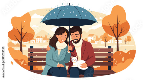 Loving couple and their white cat share an umbrella on a park bench during an autumn rain, embracing the cozy romantic atmosphere.