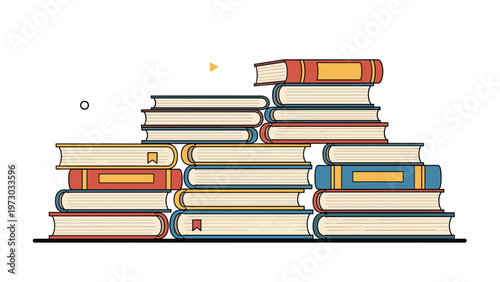 Neatly arranged stacks of colorful, stylized books forming a knowledge landscape, symbolizing education, learning, and literary collections.