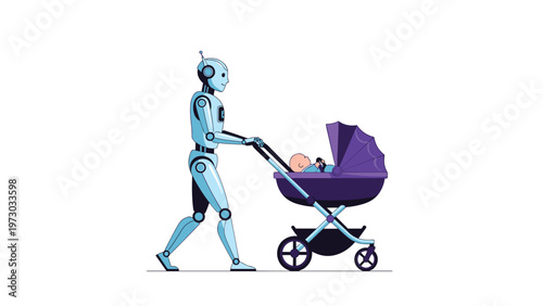 Futuristic robot gently pushes a baby stroller, depicting a vision of advanced AI integration into future childcare and domestic assistance.