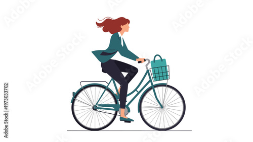 Confident businesswoman rides a bicycle with a basket, showcasing sustainable commuting and an active urban lifestyle with grace.