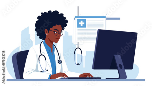 Focused African American female doctor meticulously works on a computer, showcasing modern healthcare technology and medical professionalism.