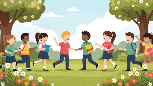 Diverse group of happy children joyfully runs and plays in a vibrant park surrounded by trees and flowers, embracing friendship and fun.