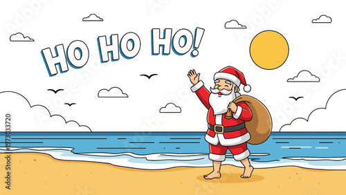 Cheerful Santa Claus waves happily and exclaims "Ho Ho Ho!" on a sunny beach, celebrating Christmas with a unique summer twist.