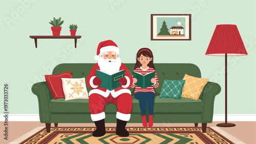 Jolly Santa Claus and a young girl peacefully read books together on a cozy sofa, sharing a magical Christmas story time moment.