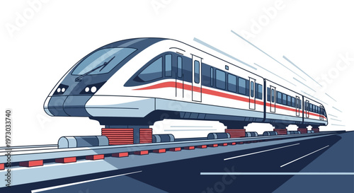 Futuristic high speed maglev train traveling fast on a modern track illustration.