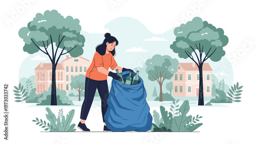 Dedicated woman volunteer collects plastic waste and trash in a park, contributing to environmental protection and community cleanup efforts.