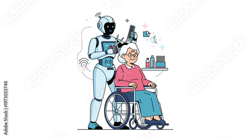 Advanced robot stylist skillfully gives an elderly woman a haircut while she sits comfortably in a wheelchair, showcasing futuristic care.
