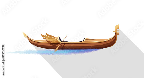 Mythical golden winged boat gliding on water with a paddle