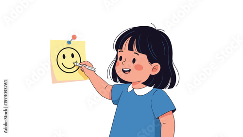 Cheerful little girl with a big smile happily draws a smiley face on a yellow sticky note, spreading positivity and joy.