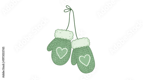 Cozy pair of green knitted mittens adorned with sweet heart patterns, symbolizing warmth, love, and comfort during cold weather.