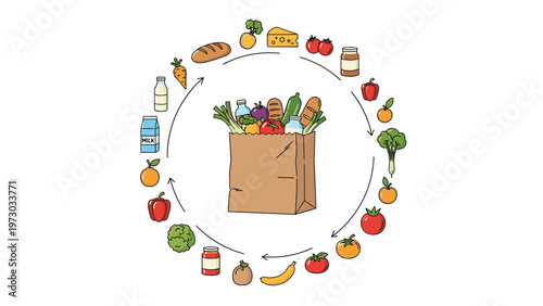Brown grocery bag filled with fresh produce, surrounded by a circular arrangement of diverse food items, illustrating healthy shopping.