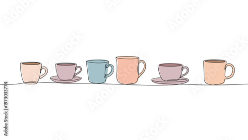 Stylish continuous one-line art drawing portrays a collection of diverse coffee cups and mugs, symbolizing daily rituals and beverages.