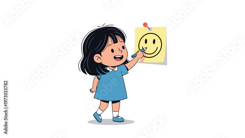 Cheerful little girl with a bright smile happily draws a smiley face on a yellow sticky note, radiating positivity and artistic joy.