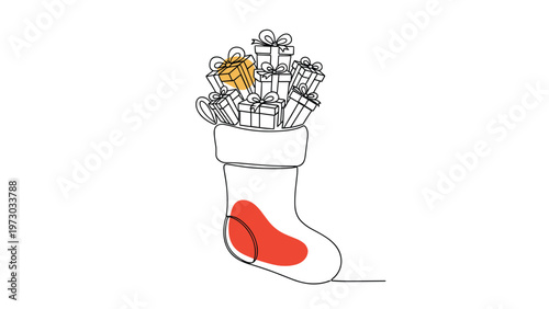 Festive continuous one-line art drawing depicts a Christmas stocking overflowing with gifts, symbolizing holiday joy and generosity.