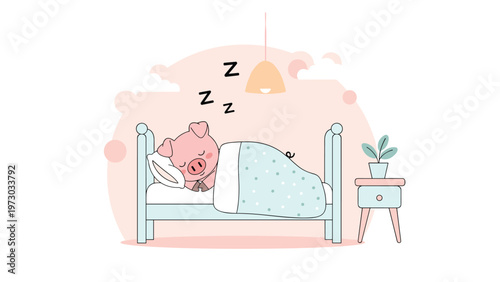 Adorable cartoon pig peacefully sleeps in a cozy bed under a patterned blanket, illustrating sweet dreams and relaxation.