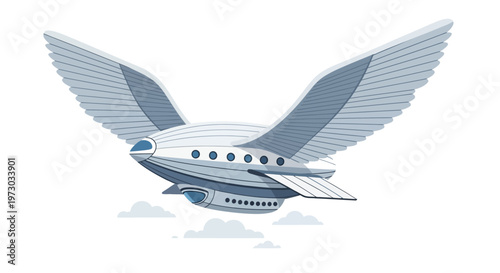 Fantasy airship with wings flying through clouds.