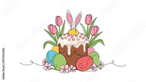 Festive Easter composition in continuous line art featuring a kulich cake with bunny ears, decorated eggs, and spring tulips, celebrating the holiday.