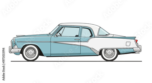 Classic vintage car illustration with a two-tone blue and white design.