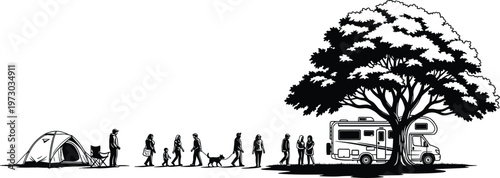 Black and white of people walking toward campsite with tent and rv camping