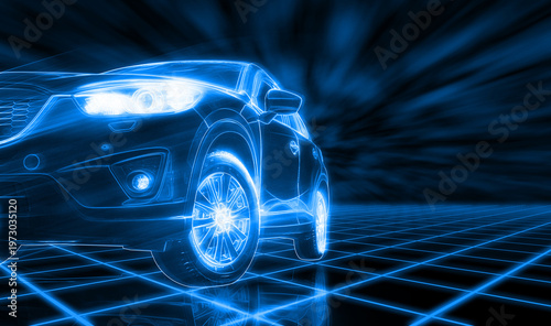 Foto Modern SUV car open headlamp parked on dark background in futuristic vehicle concept