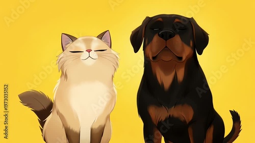 Cute animated pet birman cat and rottweiler dog side by side on a vibrant yellow background