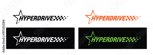 Hyperdrive racing logo set with star and checkered motion trail, futuristic speed typography for gaming UI, esports overlays, sci fi vehicle branding, high performance concept graphics. Vector eps10