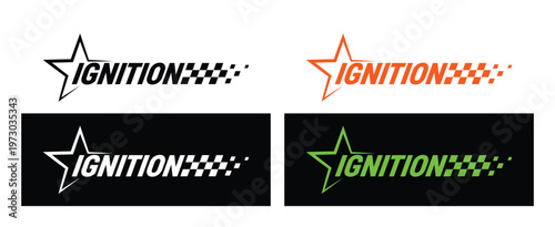 Ignition racing typography set with checkered motion trail, engine start concept logo for automotive branding, car systems graphics, motorsport startup visuals, mechanical design element. Vector illus