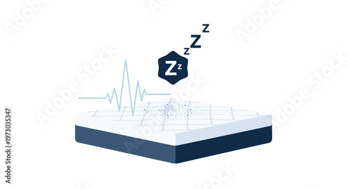A smart mattress with a dark blue base and a white quilted top tracks sleep patterns with a vital sign line and Zzz icons on a white background.