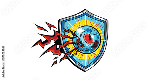 A stylized blue shield with a silver trim protects a human cell from a red spiky attack on a white background.