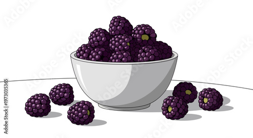 A bowl of fresh ripe blackberries with scattered berries on a white background.