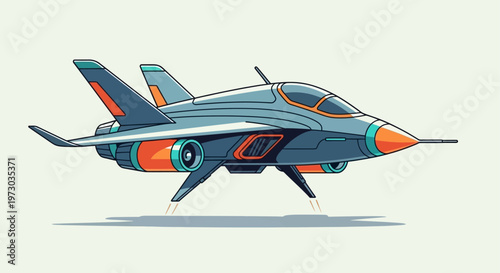 Futuristic fighter jet in flight with orange and teal accents.