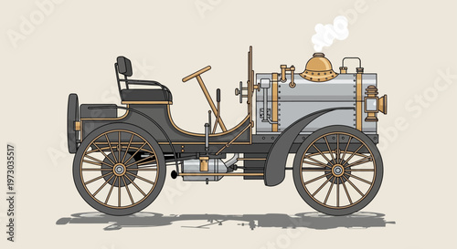 Side view illustration of a vintage steam powered car on a plain background