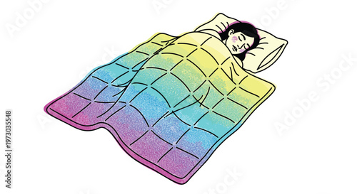 A person sleeps peacefully under a rainbow-colored, quilted weighted blanket with a pillow on a white background.