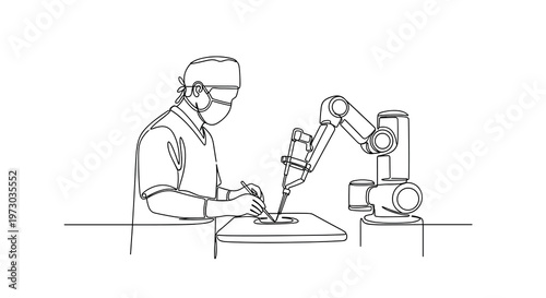 A continuous line drawing depicts a masked surgeon operating with a robotic arm over a table on a white background.