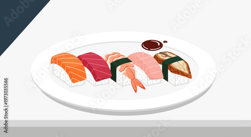 Assorted nigiri sushi platter with soy sauce on a white plate illustration