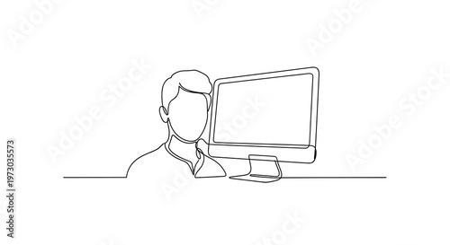 A continuous line drawing depicts a faceless person's upper body next to a desktop computer monitor on a clean white background.