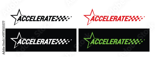 Accelerate racing typography set with checkered motion trail, high speed performance text for automotive ads, car branding, tuning promotion graphics, dynamic motion design. Vector illustration