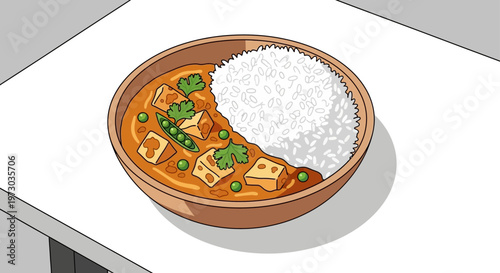 Delicious Paneer Curry with Rice Illustration